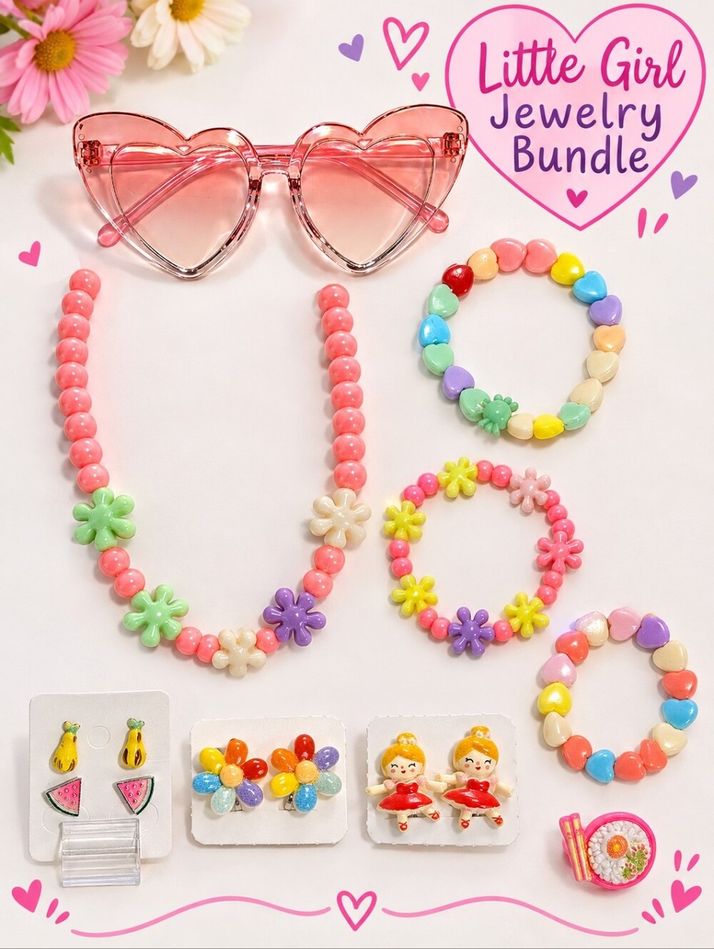 Hearts And Flowers Girl's Pink, Yellow, Green & Purple Jewelry Bundle (10 Items)